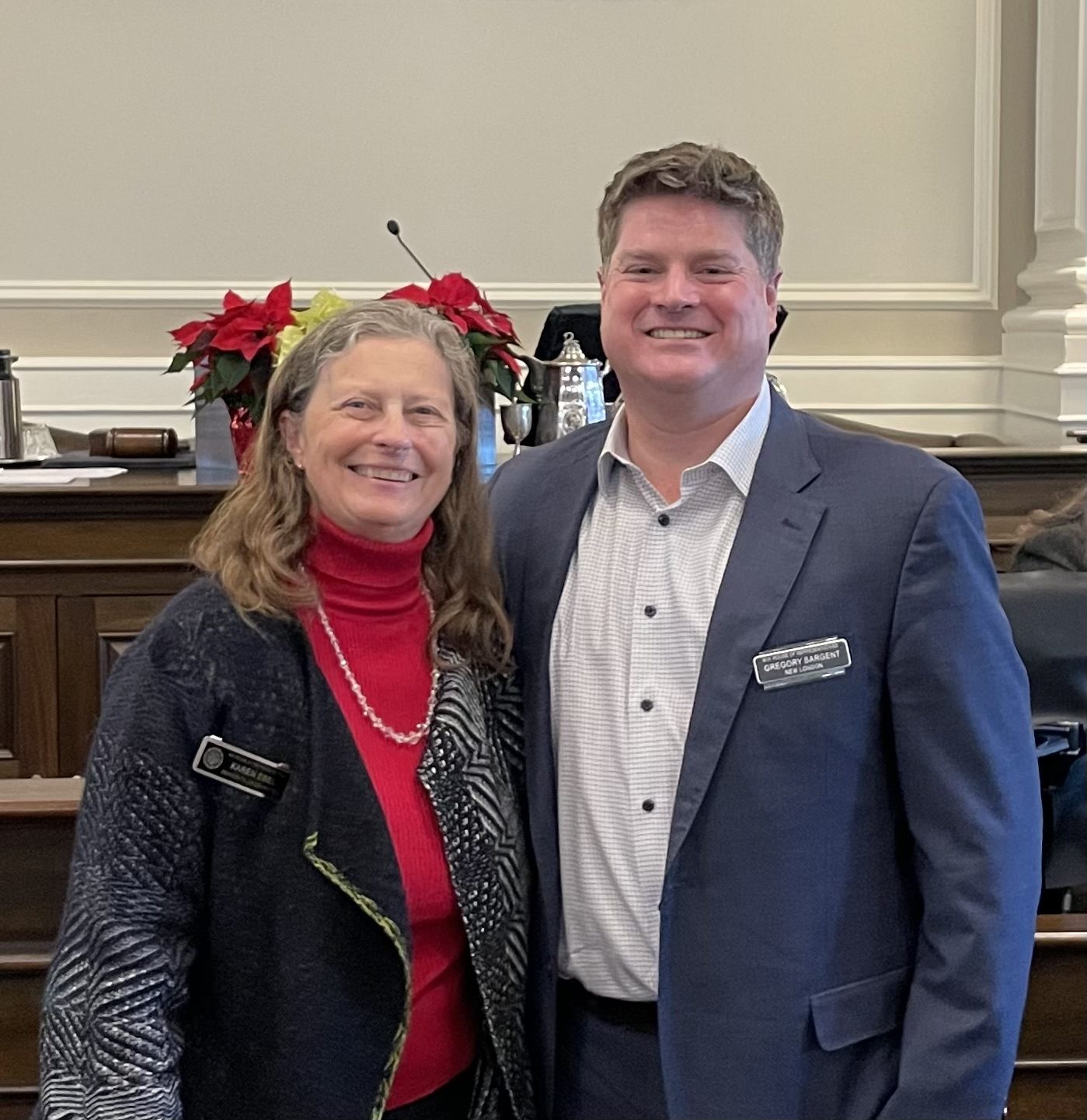 Greg Sargent with Rep. Karen Ebel on the first day of the 2025 NH House session